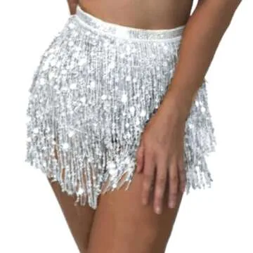 COSYDAYS Sparkly Sequin Skirt Silver Fringe Skirts Tassel Belly Dance Skirt for Women