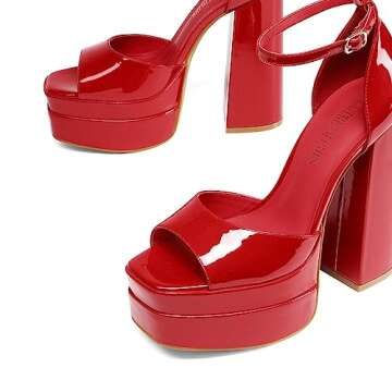 DREAM PAIRS Red Pat High Heels Chunky Block Platform Heels for Women Ankle Strap Sexy Open Square Toe Heels Dressy Pumps Sandals SDHS2324W Size 7.5