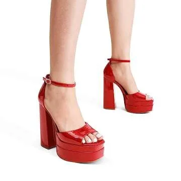 DREAM PAIRS Red Pat High Heels Chunky Block Platform Heels for Women Ankle Strap Sexy Open Square Toe Heels Dressy Pumps Sandals SDHS2324W Size 7.5