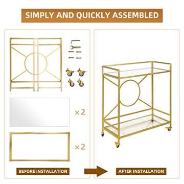 Palama Gold Bar Cart - Elegant 2-Tier Snack Cart with Wheels and Glass Shelves