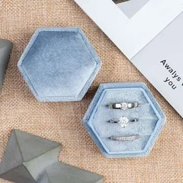 Giftop Equal Hexagon Velvet Ring Box Storage 3 Slots for Wedding Ceremony Proposal Engagement Birthday (Light Ocean Blue)