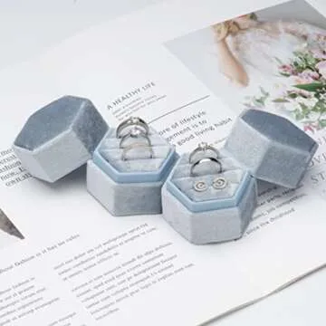 Giftop Equal Hexagon Velvet Ring Box Storage 3 Slots for Wedding Ceremony Proposal Engagement Birthday (Light Ocean Blue)
