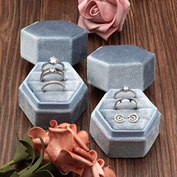 Giftop Equal Hexagon Velvet Ring Box Storage 3 Slots for Wedding Ceremony Proposal Engagement Birthday (Light Ocean Blue)