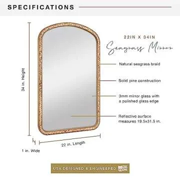 MCS 22x34 Large Wall Mirror, Natural Woodgrain Solid Wood Frame with Braided Seagrass Detail, Vertical & Horizontal Coastal Mirror for Bathroom, Bedroom & Livingroom