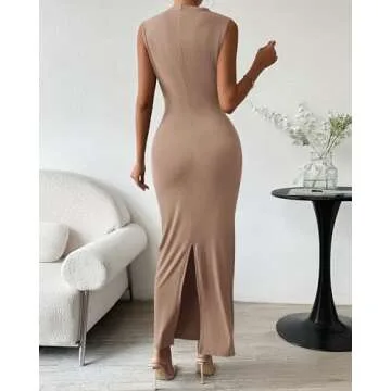 BTFBM Women's Ruched Bodycon Dress Summer Casual Sleeveless Back Slit Elegant Club Evening Party Cocktail Maxi Dresses(Solid Khaki, Small)
