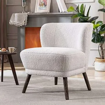 BV Sherpa Accent Chair with Solid Wooden Legs, Cushion Armless Slipper Chair in Modern Style, Comfy Curved Backrest Boucle Chair for Living Room, Bedroom, and Guest Room (White)