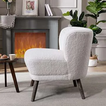BV Sherpa Accent Chair with Solid Wooden Legs, Cushion Armless Slipper Chair in Modern Style, Comfy Curved Backrest Boucle Chair for Living Room, Bedroom, and Guest Room (White)