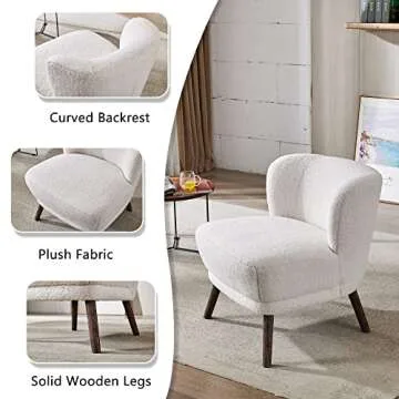 BV Sherpa Accent Chair with Solid Wooden Legs, Cushion Armless Slipper Chair in Modern Style, Comfy Curved Backrest Boucle Chair for Living Room, Bedroom, and Guest Room (White)