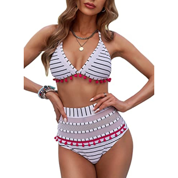 Astylish Women's High Waist Two Pieces Bikini Set Halter Straps Tassel Swimsuit Blue