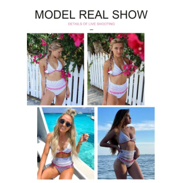 Astylish Women's High Waist Two Pieces Bikini Set Halter Straps Tassel Swimsuit Blue