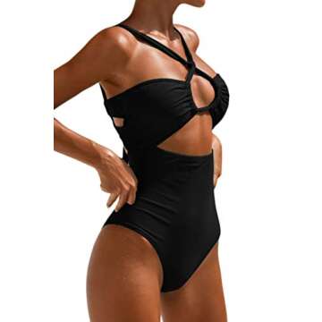 LEISUP Sexy Womens Bandeau Tie Back Cut Out Front High Waist Cheeky Bottom One Piece Swimsuit