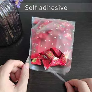 Vasdoo Self Adhesive Treat Cellophane Cookie Bag, White Polka Dot Party Favor Bag for Bakery, Candy, Cookie (3.9 x 3.9 inches, 100 Pcs)