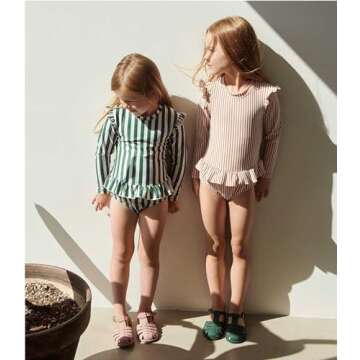 LDIOIF Toddler Girls Long Sleeve Swimsuits One Piece Rash Guard Zipper Bathing Suit Green Striped Beach Wear with Ruffle Butt