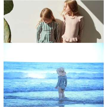 LDIOIF Toddler Girls Long Sleeve Swimsuits One Piece Rash Guard Zipper Bathing Suit Green Striped Beach Wear with Ruffle Butt