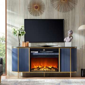 OKD Luxury 70" Fluted Fireplace TV Stand, Modern Chic Entertainment Center for TVs Up to 80 inches, ...