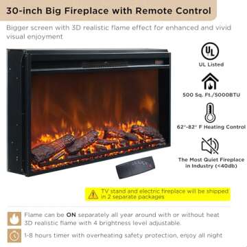 OKD Luxury 70" Fluted Fireplace TV Stand, Modern Chic Entertainment Center for TVs Up to 80 inches, TV Console with Faux Marble Top, Curved Profile Design, Media Console for Living Room, Navy Blue