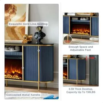 OKD Luxury 70" Fluted Fireplace TV Stand, Modern Chic Entertainment Center for TVs Up to 80 inches, TV Console with Faux Marble Top, Curved Profile Design, Media Console for Living Room, Navy Blue