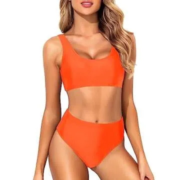 Tempt Me Women Orange Two Piece Scoop Neck Bikini Crop Top Swimsuit Sporty High Waisted Bathing Suit M
