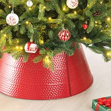 Glitzhome Hammered Metal Christmas Tree Collar Decorations, 26" D, Red