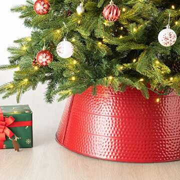 Glitzhome Hammered Metal Christmas Tree Collar Decorations, 26" D, Red
