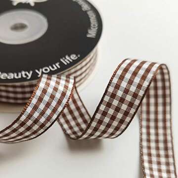 Micomon Brown and White Gingham Ribbon Brown Gingham Ribbon 25 Yards Each Roll 100% Polyester (5/8", Brown)