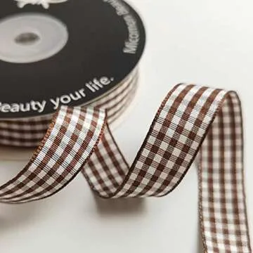 Micomon Brown and White Gingham Ribbon Brown Gingham Ribbon 25 Yards Each Roll 100% Polyester (5/8", Brown)