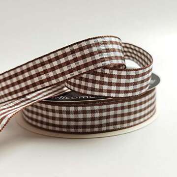 Micomon Brown and White Gingham Ribbon Brown Gingham Ribbon 25 Yards Each Roll 100% Polyester (5/8", Brown)