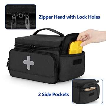 CURMIO Medicine Storage Bag Empty, Lockable Pill Bottle Organizer with Portable Zippered Pouches for First Aid Kits, Medicine Box for Home and Travel, Black (Patent Pending)