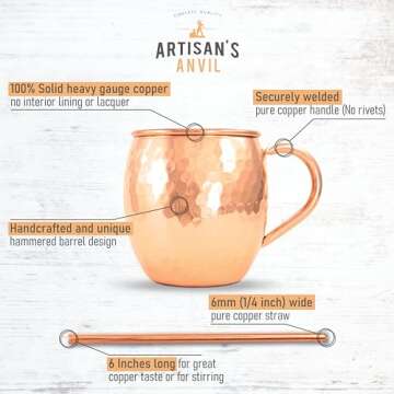 Artisan's Anvil Moscow Mule Mugs Set of 2 + Copper Straws Two Solid 16 Oz Copper Mugs Gift Set – 100% Pure Hammered Copper Barrel Mugs – Handmade Unlined Copper Cups