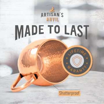 Artisan's Anvil Moscow Mule Mugs Set of 2 + Copper Straws Two Solid 16 Oz Copper Mugs Gift Set – 100% Pure Hammered Copper Barrel Mugs – Handmade Unlined Copper Cups