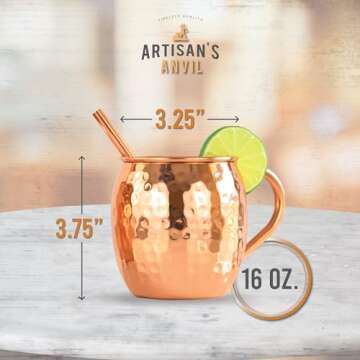 Artisan's Anvil Moscow Mule Mugs Set of 2 + Copper Straws Two Solid 16 Oz Copper Mugs Gift Set – 100% Pure Hammered Copper Barrel Mugs – Handmade Unlined Copper Cups