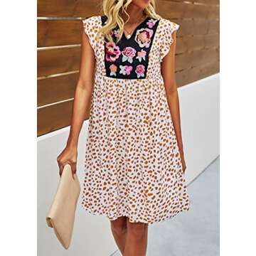 kirundo Womens 2021 Summer Leopard Mini Dress V Neck Bohemia Swing Dress Sleeveless Flowy Loose Badydoll Dress Khaki Medium