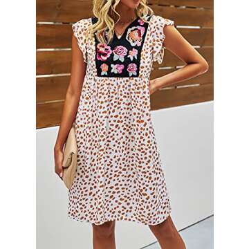 kirundo Womens 2021 Summer Leopard Mini Dress V Neck Bohemia Swing Dress Sleeveless Flowy Loose Badydoll Dress Khaki Medium