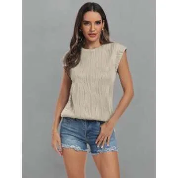 LILLUSORY Women's Short Sleeve Dressy Tops Crewneck Textured Tops Cute Summer Tops 2024 Basic T-Shirts Work Blouses Apricot L