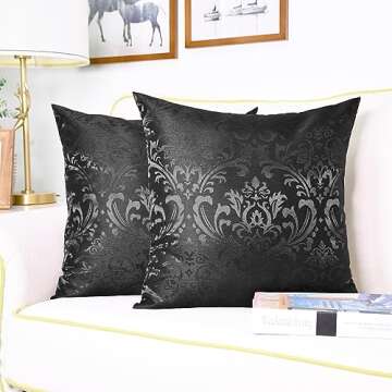 CaliTime Pack of 2 Throw Pillow Covers Cases for Couch Sofa Home Decoration Vintage Damask Floral Shining & Dull Contrast 18 X 18 Inches Black