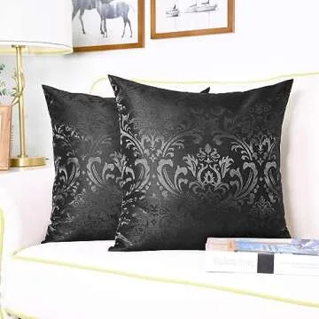 CaliTime Pack of 2 Throw Pillow Covers Cases for Couch Sofa Home Decoration Vintage Damask Floral Shining & Dull Contrast 18 X 18 Inches Black