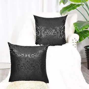 CaliTime Pack of 2 Throw Pillow Covers Cases for Couch Sofa Home Decoration Vintage Damask Floral Shining & Dull Contrast 18 X 18 Inches Black