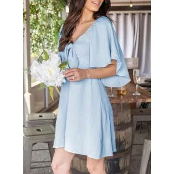 Dokotoo Cute Summer Dresses for Women 2024 Fashion Spring Outfits Wedding Guest Dresses for Women Sexy V-Neck Drawstring Cap Sleeve Elegant Solid Color Mini Dress Blue