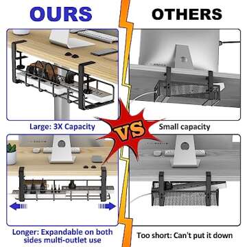 Under Desk Cable Management Tray, 15.7'' No Drill Steel Desk Cable Organizers, Wire Management Tray ...
