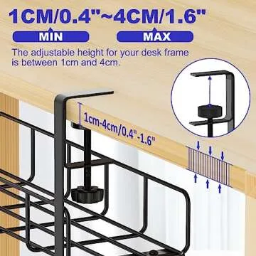 Under Desk Cable Management Tray, 15.7'' No Drill Steel Desk Cable Organizers, Wire Management Tray Cable Management Rack, Desk Cable Tray with Wire Organizer and Desk Cord Organizer