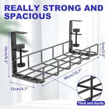 Under Desk Cable Management Tray, 15.7'' No Drill Steel Desk Cable Organizers, Wire Management Tray Cable Management Rack, Desk Cable Tray with Wire Organizer and Desk Cord Organizer