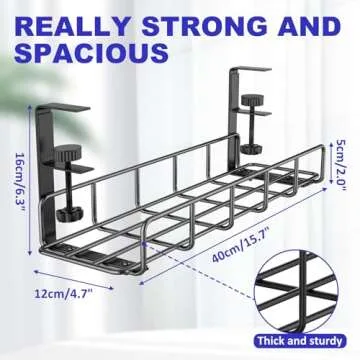 Under Desk Cable Management Tray, 15.7'' No Drill Steel Desk Cable Organizers, Wire Management Tray Cable Management Rack, Desk Cable Tray with Wire Organizer and Desk Cord Organizer