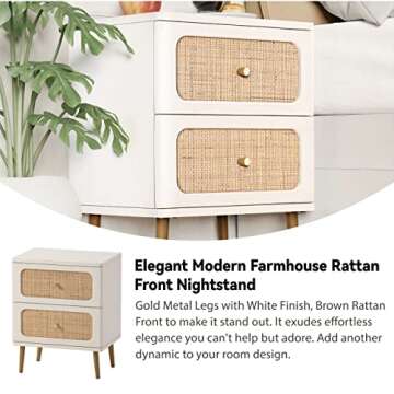LONYKE Wicker Rattan Nightstand, 2-Drawer End Table White Finish Side Table for Small Spaces, Modern Farmhouse Wooden Bedside Table, Boho Mid-Century Coastal Storage Cabinet