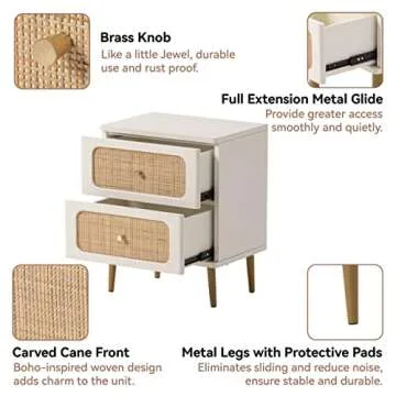 LONYKE Wicker Rattan Nightstand, 2-Drawer End Table White Finish Side Table for Small Spaces, Modern Farmhouse Wooden Bedside Table, Boho Mid-Century Coastal Storage Cabinet