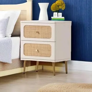 LONYKE Wicker Rattan Nightstand, 2-Drawer End Table White Finish Side Table for Small Spaces, Modern Farmhouse Wooden Bedside Table, Boho Mid-Century Coastal Storage Cabinet