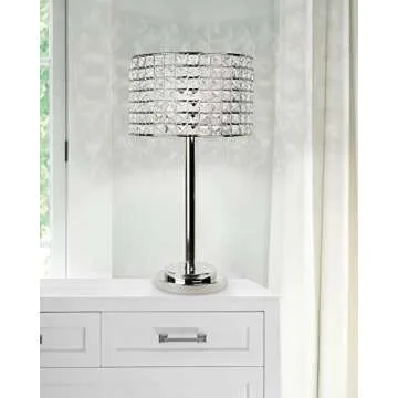 Grandview Gallery 25.75" Polished Nickel Modern Glam Table Lamp with Faceted Genuine Crystal Beaded Metal Drum Shade and Tiered Round Base - Bling Lighting for The Bedroom, Living Room, and Office