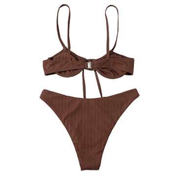 SheIn Women's 2 Piece Swimsuit Tie Underwire Bra and Panty Bikini Set Beach Wear Coffee Brown Medium