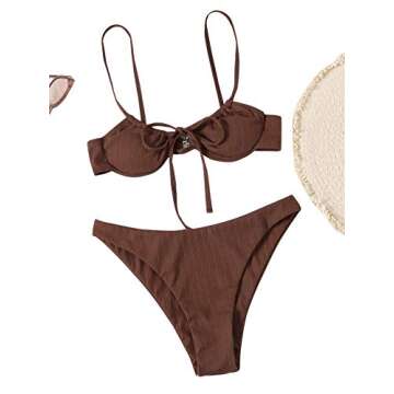 SheIn Women's 2 Piece Swimsuit Tie Underwire Bra and Panty Bikini Set Beach Wear Coffee Brown Medium