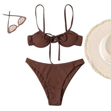 SheIn Women's 2 Piece Swimsuit Tie Underwire Bra and Panty Bikini Set Beach Wear Coffee Brown Medium