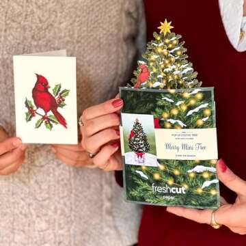 Freshcut Paper Pop Up Cards, Merry Mini Tree, 7 inch Mini Sized Paper Christmas Tree 3D Popup Greeting Cards, Christmas Card, Holiday Card, Blank Notecards & Envelopes, Pack of 5